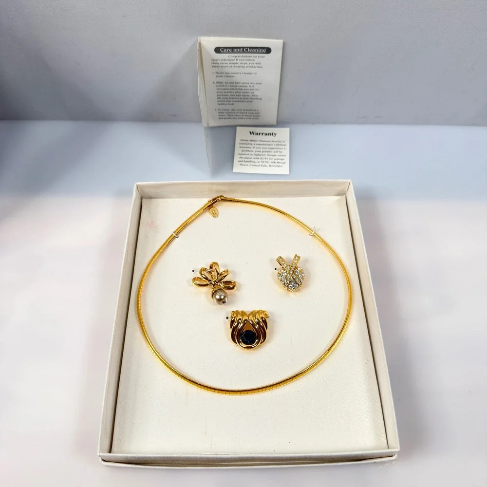 Nolan Miller Glamour Collection Gold Tone Omega Necklace 3 Slide Pendants Set